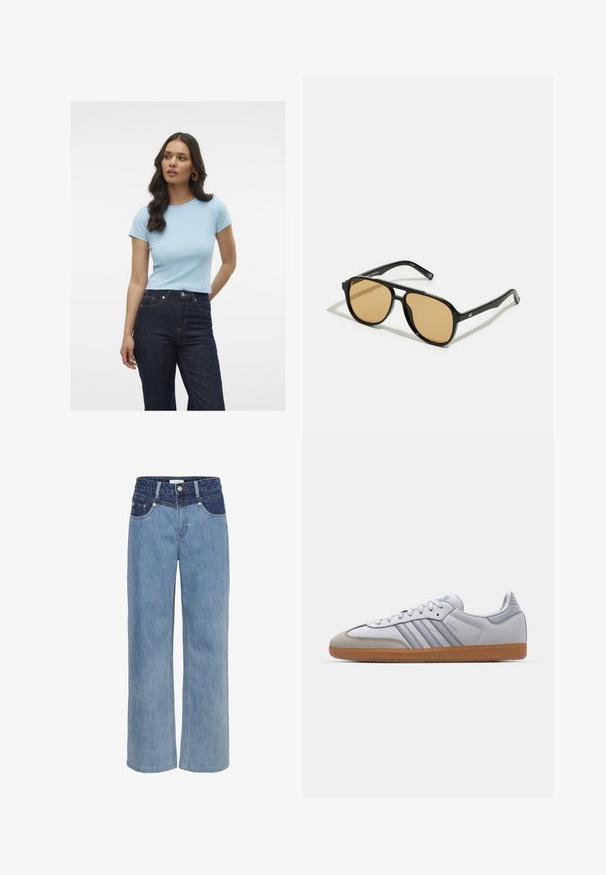 Lyseblå, ribbet t-skjorte med korte ermer, rund hals og tettsittende design, kombinert med mørke, høyt liv jeans.; Lyseblå denim brede jeans med høy midje, femlommedesign og kontrasterende mørkeblå lapp foran.; Hvite lærsko med lyseblå detaljer, grå semsket tå og brun gummisåle. Har tre blå striper og "Samba" merke.; Svarte solbriller med brune fargede linser; rektangulær form med tykk ramme, inkludert subtile hardware-detaljer på stengene.