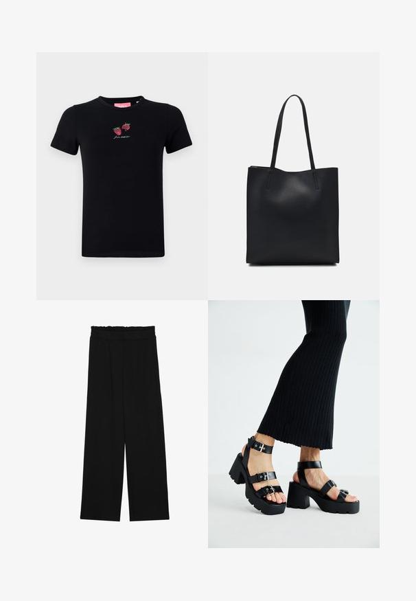 Svart bomull T-skjorte med korte ermer, rund hals og broderte jordbær med teksten "Let's chill out" i hvitt.; Svarte vide bukser med rynket liv, med to sidelommer og et glatt, lett stoff. Ingen synlige mønstre eller metalldeler.; Sorte plattformsandaletter med kraftige såler og flere stropper, med metallspenner og en jevn lær-lignende tekstur.; Svart lær tote bag med glatt tekstur, rektangulær form og to lange håndtak. Ingen synlige deler eller dekorasjoner.