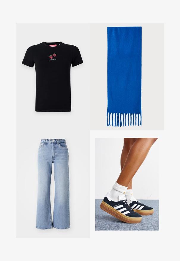 Black cotton t-shirt featuring short sleeves, a round neck, and embroidered strawberries with text "Let's chill out" in white.; Light blue high-waist wide-leg jeans with front and back pockets, button closure, and subtle fading on the thighs and hems.; Black suede sneakers with white stripes and accents, rounded toe, gum rubber outsole, paired with white ribbed crew socks.; Blue fringed scarf made of soft fabric; features a solid color with a textured surface and evenly cut fringe at the bottom.