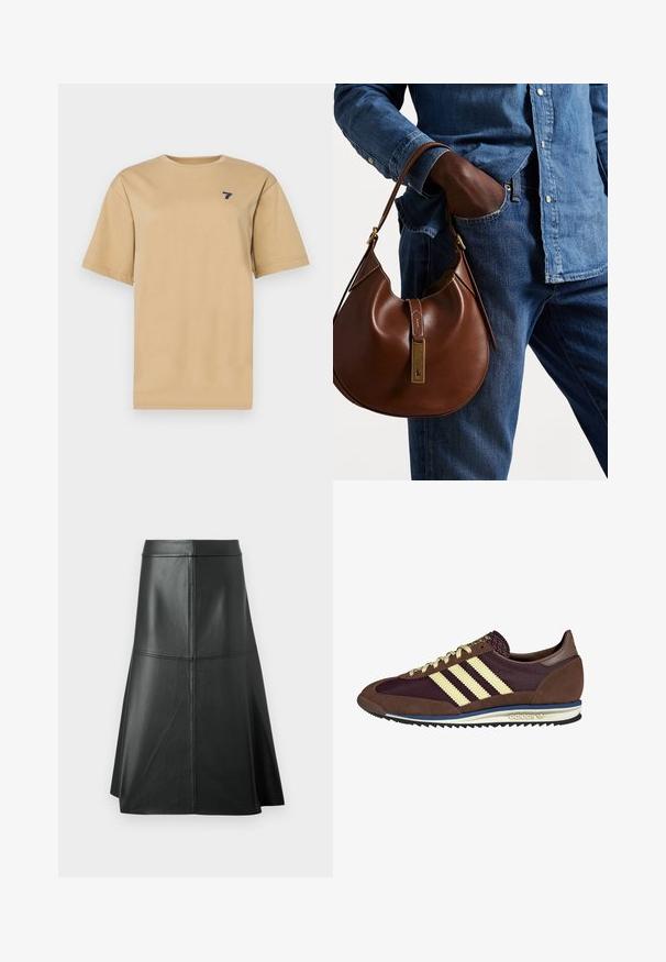 Bež pamukasta majica s okruglim izrezom i kratkim rukavima. Ima mali mornarski plavi logo '7' na lijevoj strani prsnog dijela.; Crna kožna suknja A-linije, glatke teksture, srednje dužine do lista, sa horizontalnim šavovima u struku i na šavovima za dodatnu čvrstoću.; Smeđi i burgundski teniski s uzorcima od antilopa i mrežastih materijala, s tri kremaste pruge, teksturiranim materijalom na jeziku i gumeni potplat.; Smeđa kožna hobo torba zaobljenog oblika, sa zlatnim metalnim detaljima i kontrastnim šavovima. Uparena s traper košuljom i trapericama.