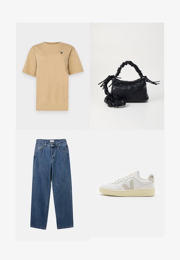Bež pamukasta majica s okruglim izrezom i kratkim rukavima. Ima mali mornarski plavi logo '7' na lijevoj strani prsnog dijela.; Klasične plave traperice s ravnim nogavicama, pet džepova i dugmadom za zatvaranje. Imaju srednje pranje i čvrstu teksturu.; Bijele kožne tenisice s bež nubuk naglascima, perforiranim prednjim dijelom, ravnim čipkama i teksturiranom kremastom potplatom. Sadrži suptilni brend na pete.; Crna torba od umjetne kože s teksturom krokodila, s cinčanim vrhom i naboranom trakom. Izgleda mekano i kompaktno u dizajnu.