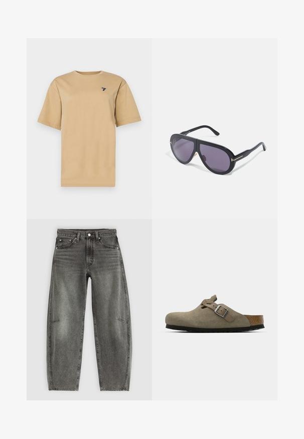 Beige katoenen t-shirt met een ronde halslijn en korte mouwen. Heeft een klein marineblauw '7' logo op het linkerkant van de borst.; Hoge taille grijs gewassen denim jeans met vijf zakken, knoopsluiting en een ontspannen rechte pasvorm.; Suède klompen in licht olijfgroen met een gevormde kurk- en rubberen zool. Voorzien van een zijriem met een metalen gesp en een ronde neus.; Zwarte zonnebril met oversized, hoekige monturen, donkerpaarse lenzen en goudkleurige accenten op de pootjes. Matte afwerking met een gladde textuur.