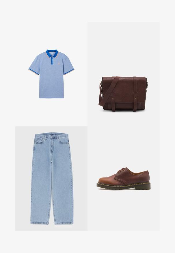 Jasnoniebieska koszulka polo z krótkim rękawem, z kontrastującym niebieskim kołnierzykiem i pomarańczowymi akcentami na krawędziach rękawów. Design z dwoma guzikami przy kołnierzyku.; Jasnoniebieskie dżinsy o prostym kroju nogawki, z średnim stanem, pięcioma kieszeniami oraz zapięciem na guzik i zamek błyskawiczny.; Brązowy skórzany but o gładkim wykończeniu, okrągłym nosku i pięciu oczkach do sznurowania. Posiada żółte przeszycia wzdłuż podeszwy oraz teksturowany obcas.; Brązowa skórzana torba na ramię z płaskim klapem z przodu, dwoma paskami, złotymi akcentami oraz regulowanym paskiem na ramię.
