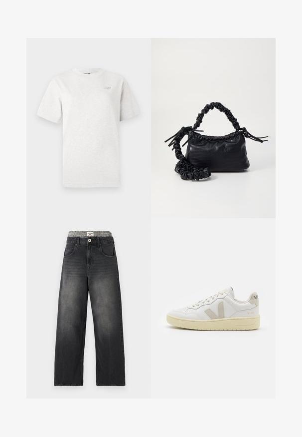 Hallide lühikeste varrukatega hall T-särk, mis on valmistatud pehmest puuvillast, ümarate kaelustega ja vasakul rinnal väikese logoga.; Mustad denimist laiad püksid, millel on kassi-loomakaubaga vöökoht. Omadused hõlmavad eespool taskuid ja nuppleclosingut. Kulunud tekstuur.; Valge nahast tenniseking, millel on beežist siidist aktsent ja aukudega varvas, lame paelad ja tekstureeritud koorevärvi tallad. Omab nüansirikast brändimist kannal.; Must must sünteetilisest nahast käekott, millel on krokodillimuster, kokku tõmmatav ülaosa ja kortsus rihm. Tundub pehme ja kompaktne disain.