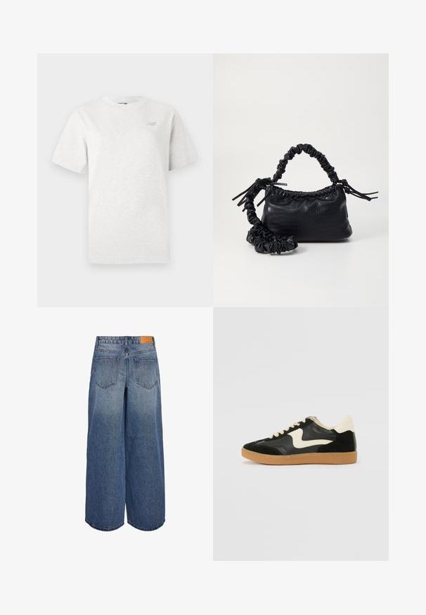 Šedé tričko s krátkym rukávom vyrobené z mäkkej bavlny, s okrúhlym výstrihom a malým logom na ľavej hrudi.; Džínové culottes s širokými nohavicami v stredne modrom opraní, so svetlovým vzhľadom, obsahujúcimi dve zadné vrecká a hnedú koženú brand značku na páse.; Čierne semišové a kožené tenisky s krémovým bočným prešívaním a svetlo krémovou pätou. Obsahujú béžové šnúrky a podošvu z gumeného kaučuku.; Čierna umelá kožená kabelka s kroko vzorom, sťahovaným vrchom a zhnutým popruhom. Vyzerá mäkko a kompaktné v dizajne.