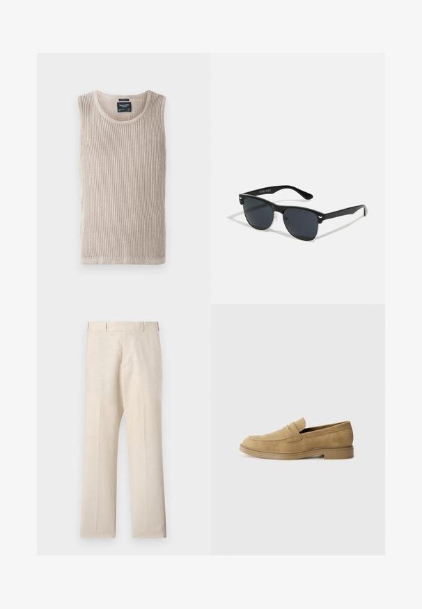 Bež prugasta majica bez rukava s okruglim izrezom, mekane teksture. Oznaka ušivena unutar područja vrata, čista obruba.; Bež hlače iz tkanine z gladko teksturo, s ravnim sprednjim delom, stranskimi žepi in ravnimi nogami.; Svetlo rjavi nubuk loaferji z zaobljenim nosom, nizko blok peto in šivanim detajlom na zgornjem delu. Gladka tekstura in minimalističen dizajn.; Črne sončne naočare pravokotne oblike, temna leča, srebrni detajli na ušesih in mat površina na okvirju.