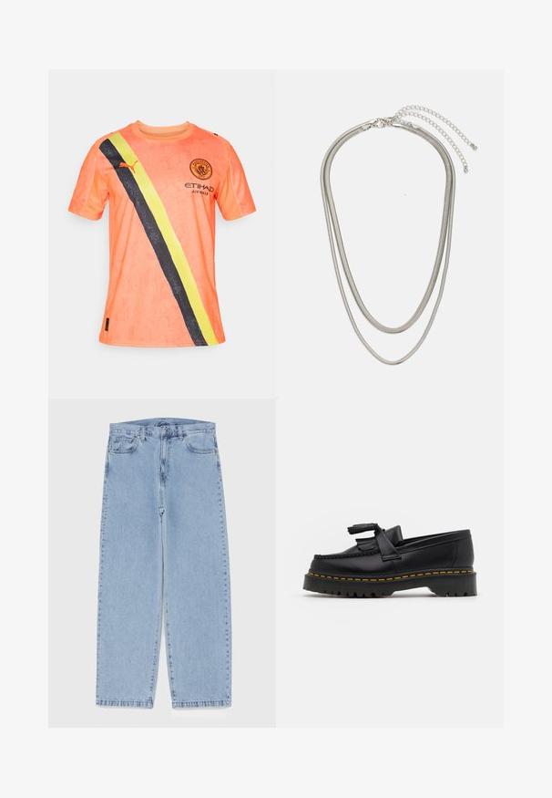 Kratka športna majica z dolgimi rokavi v oranžni barvi z diagonalno črto v črni in rumeni barvi, z okroglo ovratnikom, logotipom ekipe in blagovno znamko sponzorja.; Svijetloplave traperice s ravnim nogavicama, srednjeg struka, pet džepova te zatvaranjem na gumb i munju.; Črne usnjene loafersice s kaširanim naglasom, z debelim črnim podplatom in rumenim šivom ob robu. Teksturirana površina.; Tri-slojni srebrni kovinski ogrlica z elegantnimi, fleksibilnimi verigami z rahlim leskom, varovana z zaponko s katero se zaključi in nastavljivo verigo.