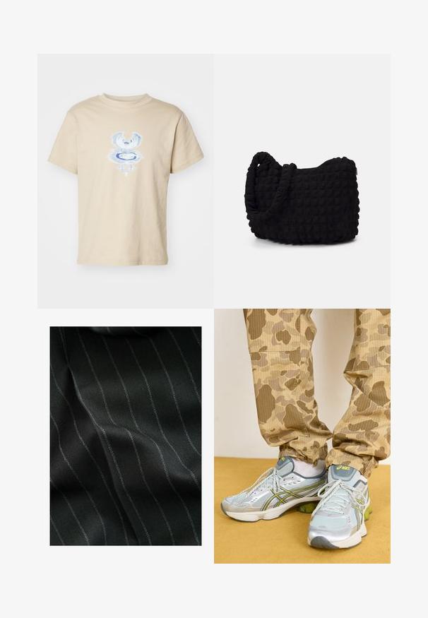 Weekday BOXY GRAPHIC TEE - Apdrukāts T-krekls - beige; Melns audums ar siksniņu rakstu un plānām baltām svītrām. Tekstūra izskatās gluda ar smalku dziļumu no aušanas.; Gaiši pelēki sporta apavi ar sudraba akcentiem, zaļu polsterējumu un teksturētu siets materiālu, savienoti ar bēša krāsas kamuflāžas raksta biksēm.; Melnas auduma soma ar strukturētu, quiltotu rakstu. Apaļa forma, īsas, resnas rokturi un mīksta, elastīga konstrukcija.