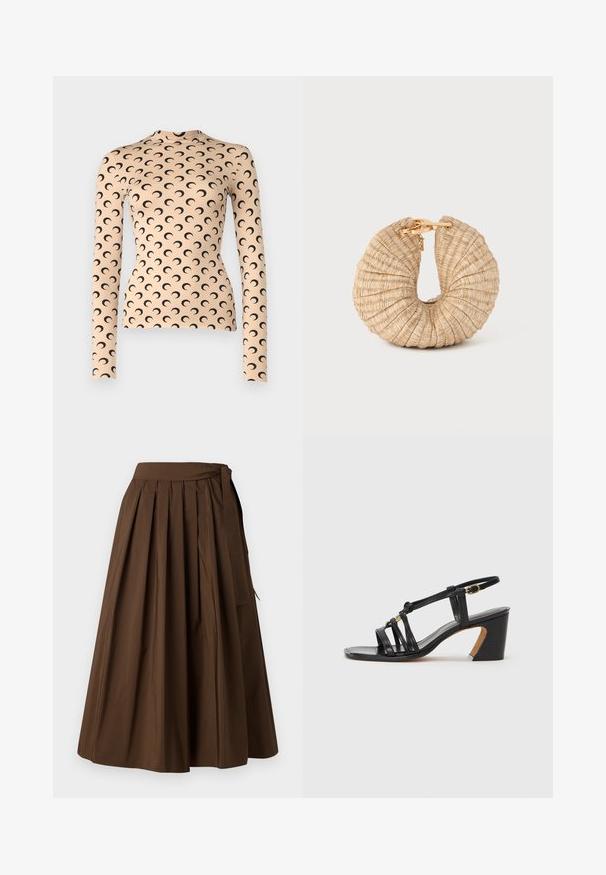 Long-sleeve fitted top in peach fabric, featuring a repeating black crescent moon pattern. High neck design; smooth texture.; Brown pleated skirt made of fabric with a smooth texture, featuring a high waist and side tie detail for closure.; Paul Smith AMIRA - Classic heels - black; Cult Gaia UBAH - Clutch - wheat