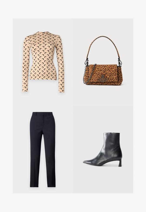 Dolga majica s prilegajočim krojem iz breskevnega blaga, z repetitivnim vzorcem črnih polmesecov. Visok ovratnik; gladka tekstura.; Zadnje hlače v mornarično modri barvi s ravnim krojem, ki imajo gladko teksturo, dve sprednji žepki in čisto pasnico.; Črne usnjene gležnjarje s šiljastim nosom in elegantnim dizajnom. Imajo nizko peto in zadrgo na zadnji strani. Gladka tekstura.; Roza torbica z leopardjim vzorcem iz semiša, z kratko ročico, verižnim pasom in črnim kovinskim zapiranjem. Pravokotne oblike z preklopom.