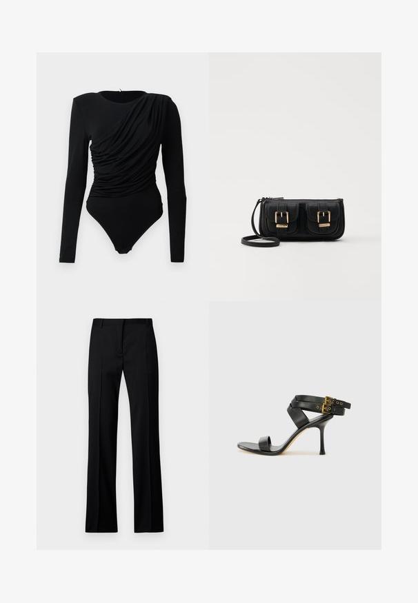 Crna bodi majica dugih rukava s asimetričnim nabranim materijalom sprijeda i kopčanjem na preponama.; Crne ravne hlače od glatke tkanine, s ravnim prednjim dijelom, petljama za remen i bez vidljivih džepova ili ukrasa.; Crne sandale s petom sa preklapanim trakama i podesivim kopčanjem. Imaju glatku teksturu i suženi stiletto potplat.; Crna kožna torba preko ramena s dva prednja džepa, zlatnim kopčama, zatvaranjem na zip i uskim remenom. Teksturirana površina i kompaktan pravokutan oblik.