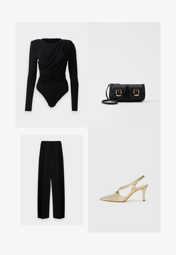 Svart langermet body med asymmetrisk rynke-drapering over forsiden og trykknapper i skrittet.; Svart vide bukser med høy livhøyde, med folder og en glatt tekstur. Stoffet virker lett og faller elegant.; Glitrende gull slingback pumpe med spiss tå, tynn ankelstropp og slank hæl. Overflaten har en teksturert metallisk finish.; Svart skinn crossbody veske med to frontlommer, gyldne spenner, glidelåslukking og en slank stropp. Teksturert overflate og kompakt rektangulær form.