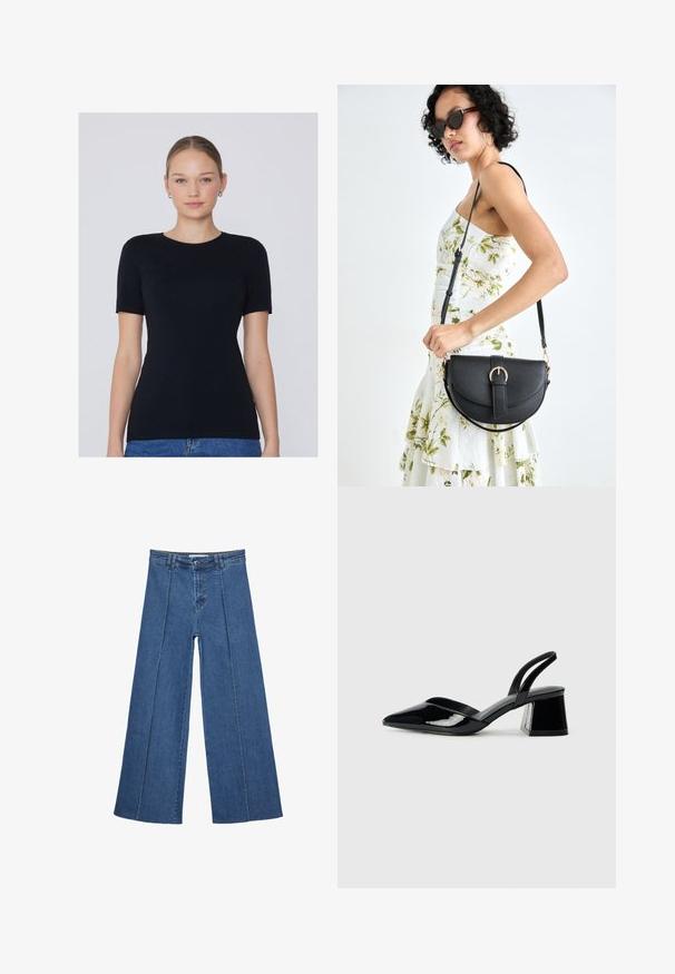 Zwarte T-shirt met korte mouwen van zacht materiaal, voorzien van een ronde halslijn en een getailleerde pasvorm. Geen zichtbare patronen of accenten.; Brede denim jeans in medium blauw, met een hoge taille, knoopsluiting en contrasterende verticale naden aan de voorkant.; Zwarte gepatineerde leren slingback hakken met een spitse neus en een geometrische blokhak. Kenmerkt zich door een slank, minimalistisch ontwerp en een gladde textuur.; Zwarte leren handtas met een gebogen vorm, afneembare schouderband en gouden hardware. De tas heeft een klep met een gespsluiting.