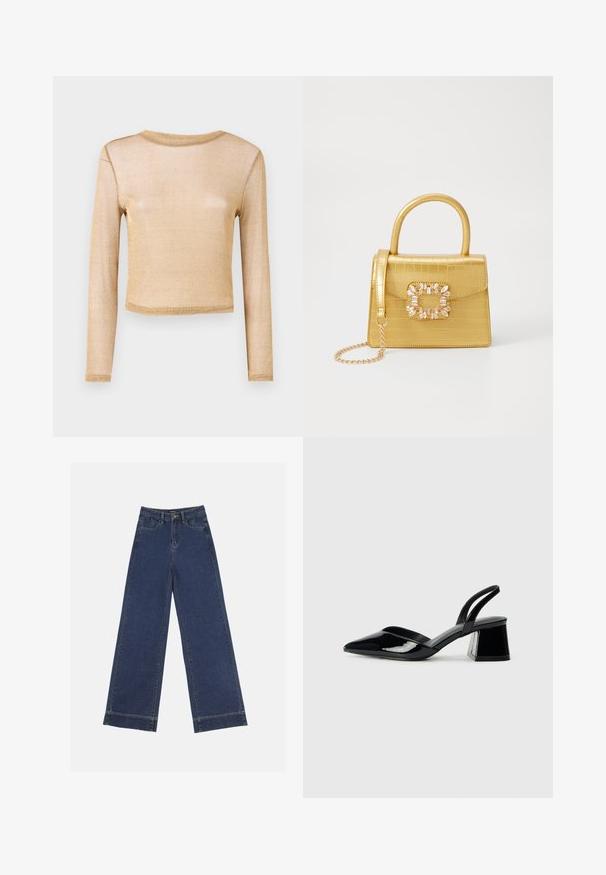 Garšīgu piedurkņu cropped tops ar metāliski zeltainu audumu ar teksturētu apdari. Iekļauj apaļu kakla izgriezumu un šūtas malas.; Platās kājas džinsi tumši zilā denima krāsā. Iespējas: piecas kabatas, siksnu cilpas un neapstrādāta apakša ar redzamām šuvju detaļām.; Melna lakota āda ar atvērto papēdi, ar smailu purngalu un ģeometrisku blokpapēdi. Iezīmējas elegants, minimāls dizains un gluda tekstūra.; Dzeltena mākslīgā krokodila roku soma ar strukturētu dizainu, augšējo rokturi, noņemamu ķēdes siksniņu un dekoratīvām kristāla rotājumiem aizdares daļā.