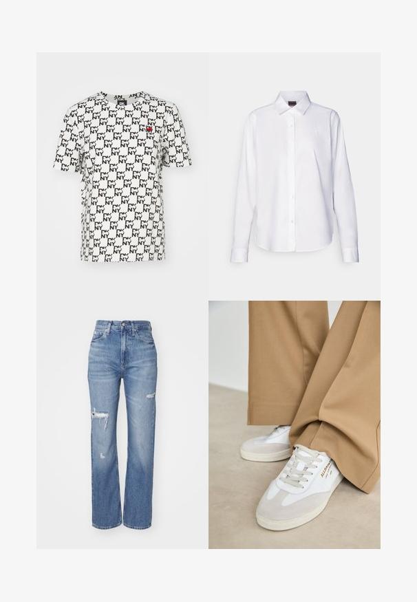 Bijela pamučna majica s crnim ponovljenim uzorkom "NY". Dizajn s okruglim izrezom i crvenim logotipom na lijevom prsnom dijelu. Kratki rukavi.; Bijela košulja dugih rukava s gumbima, izrađena od pamuka. Ima klasičan ovratnik i suptilnu brendiranu vezicu na prsima. Glatka tekstura.; Svijetloplave traperice visokog struka, s razorenim detaljima na koljenima i ravnim krojem.; Bijele tenisice s velur detaljima, teksturiranim vezicama i gumenenim potplatom. Uparene s labavim bež hlačama. Logo prikazan sa strane.