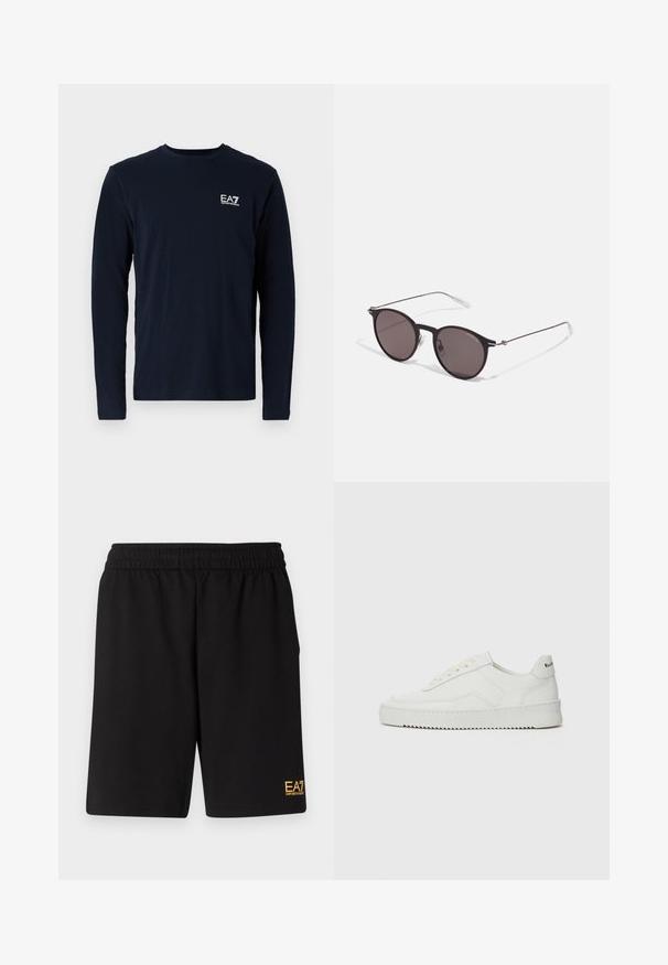 Marineblå langermet t-skjorte laget av bomull, med rund hals og en liten hvit EA7-logo på venstre bryst. Glatt tekstur.; Sorte treningsshorts laget av mykt stoff, med elastisk midje og en liten gul EA7-logo nederst på venstre ben.; Hvite lærersneakers med en jevn overflate, rund tå, flate lisser og en teksturert såle. Har en subtil logo på hælen.; Sorte, runde solbriller med mørke linser og slanke metalarmer. Inkluderer klare temple tips og sølvfargede detaljer ved hengslet. Minimalistisk design.