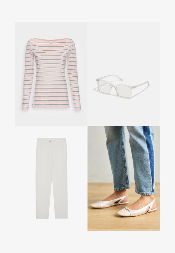 Esprit Camisola de manga comprida - pastel pink; Calças brancas, ajustadas, com um design de perna reta, apresentando um fecho de botão, passantes para cinto e bolsos laterais; textura de tecido suave.; Sapatilhas slingback de cor rosa pálido com bico fino, feitas de um material semelhante a couro liso. Apresentam detalhes recortados nas laterais e um salto plano.; Óculos quadrados de plástico transparente com lentes translúcidas, apresentando detalhes em dourado nas hastes.