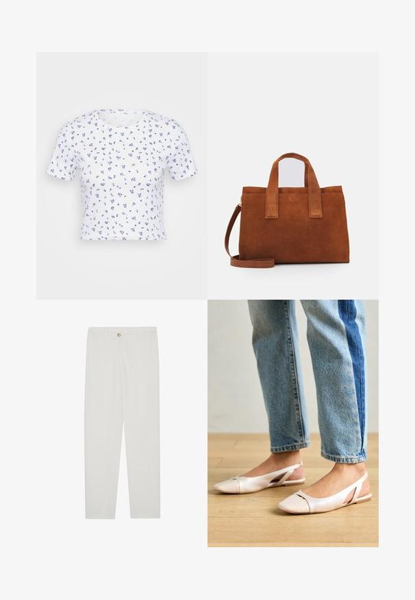 Balta trikampė marškinė su trumpomis rankovėmis, turinti prigludusią dizaino formą, papuošta išbarstytu mėlynu gėlių raštu. Minkšta medvilnė, apvali iškirptė.; Baltos, pritaikytos kelnės su tiesaus kirpimo dizainu, su sagčių uždarymu, dirželių kilpomis ir šoninėmis kišenėmis; lygus audinio tekstūros.; Šviesiai rožiniai slingback baleto bateliai su smailiu pirštu, pagaminti iš lygios odai panašios medžiagos. Yra išpjovimų detalės šonuose ir plokščias kulnas.; Ruda nubuko odinė rankinė su dviem viršutiniais rankenomis ir reguliuojamu peties diržu. Pasižymi struktūrine forma ir minimalistiniu dizainu.