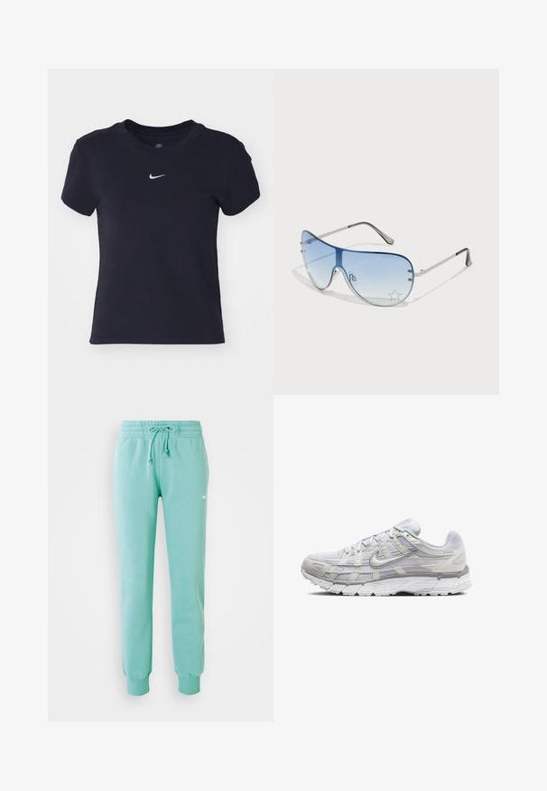 T-shirt de algodão preto com gola redonda, mangas curtas e um pequeno logótipo branco da Nike no peito. Textura suave, ajuste casual.; Calças de moletão verde menta com uma cintura elástica, cordão e punhos canelados. Apresenta um pequeno logotipo branco da Nike na coxa esquerda.; Sapatos atléticos cinza claro com parte superior em malha e sintético, apresentando um fecho de cordões, colarinho acolchoado e sola texturizada para aderência.; Óculos de sol aviador com lentes azuis em degradê, armação metálica prateada e detalhes decorativos de estrelas nas lentes. Design suave e elegante.