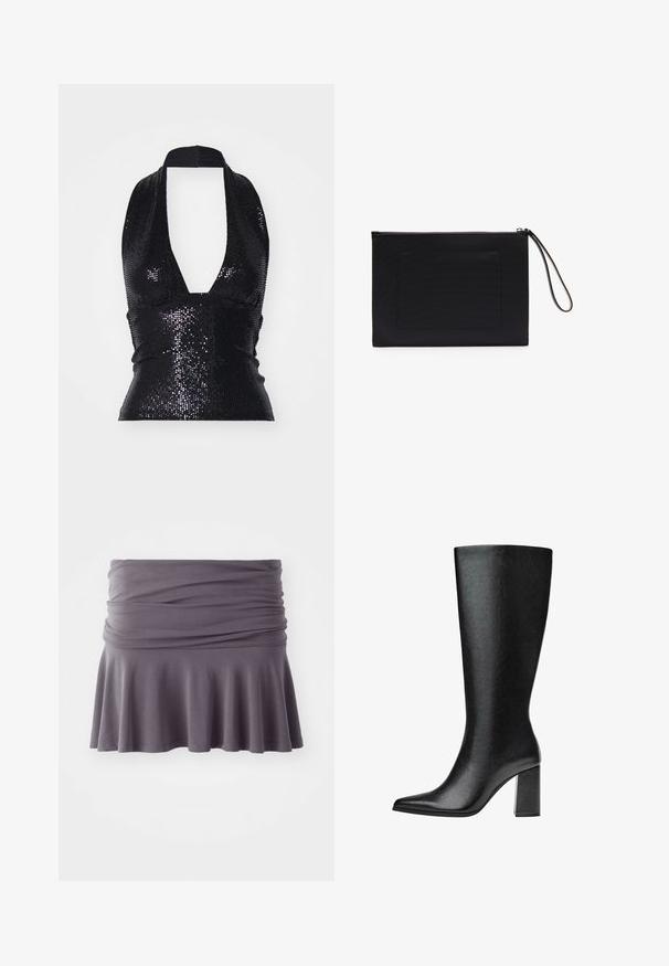 Weekday ALINE SEQUIN HALTERNECK - Débardeur - black; Jupe grise, à mi-mollet, en tissu doux avec une taille froncée et un ourlet évasé. Elle présente une texture lisse et un design simple.; Bottine noire montante en simili cuir avec un bout pointu, texture lisse et un talon large. Design minimaliste sans accents visibles.; Pochette noire en tissu texturé de forme rectangulaire, dotée d'une fermeture zippée et d'une bandoulière. Comprend une poche frontale.