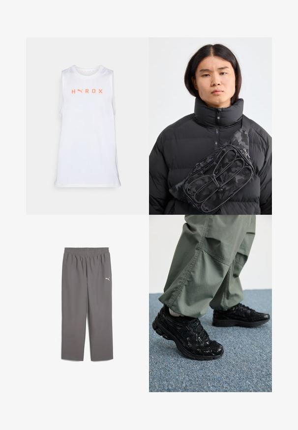 Canotta sportiva senza maniche bianca con la scritta "HYROX" in vivace arancione, col collo rotondo e pannelli laterali in mesh traspirante.; Pantaloni sportivi grigi con vita elastica, realizzati in tessuto leggero. Presentano un piccolo logo bianco sulla gamba sinistra.; Sneaker atletici neri con texture lucida e in rete, dotati di una suola spessa e lacci, abbinati a pantaloni cargo larghi verde oliva.; Marsupio nero in nylon con motivo camouflage e scomparti con zip, indossato in diagonale sopra un giubbotto imbottito nero con colletto alto.