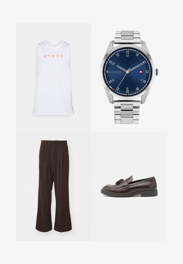 Débardeur de sport sans manches blanc avec "HYROX" en lettres orange vif, col rond et panneaux latéraux en mesh respirant.; Pantalons évasés marron à taille haute, avec des plis à l'avant et des passants de ceinture, fabriqués dans un tissu lisse et léger.; Mocassins en cuir marron avec un bout arrondi, un gland décoratif, des coutures raffinées et un petit talon en caoutchouc pour un confort supplémentaire.; Montre en métal argenté avec un cadran bleu brossé, des index heures blancs et un affichage de la date. Comprend un bracelet métallique à maillons et le logo de la marque.