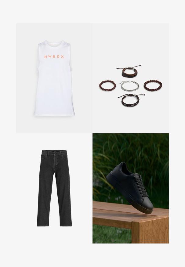 Helles, ärmelloses Sporttanktop in Weiß mit "HYROX" in leuchtend orangefarbener Schrift, runder Ausschnitt und atmungsaktiven Netz-Einsätzen an den Seiten.; Schwarze Jeans aus Denim mit geradem Bein, ausgestattet mit einem Reißverschluss, Gürtelschlaufen und sechs Taschen, gefertigt aus einem robusten Baumwollmischgewebe.; Schwarze Leder-Sneaker mit Schnürsenkeln scheinen über einer Holzbank zu schweben, mit grünem Gras und Pflanzen im unscharfen Hintergrund.; Set aus fünf Armbändern mit braunem Leder, Holzperlen und einer Silberkette; unterschiedliche Texturen und Formen, mit verstellbaren Verschlüssen.