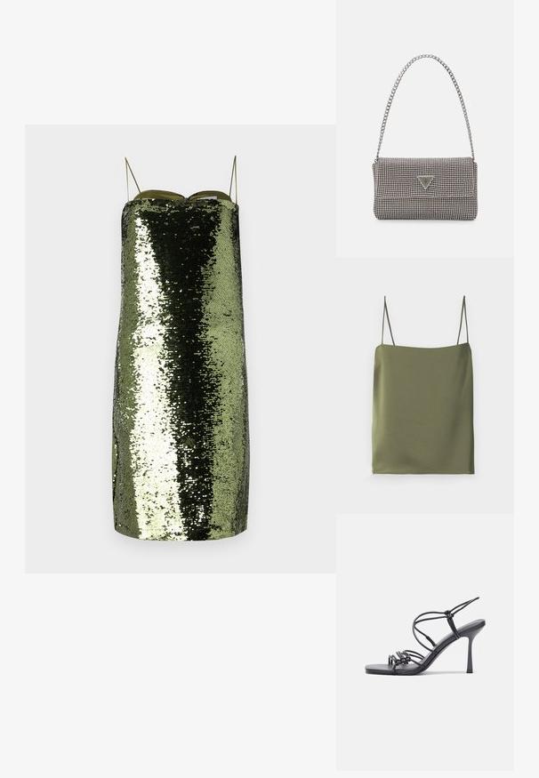 Khaki zelený top na ramínka vyrobený z hladké tkaniny. Má tenké ramínka a rovný výstřih, s jednoduchým, minimalistickým designem.; Zelené flitrové šaty se rovnými liniemi, tenkými nastavitelnými ramínky, s reflexní texturou a štíhlou siluetou.; Černé high-heeled sandály mají tenké pásky s uzlovým designem, hladký čtvercový špičku a elegantní jehlový podpatek.; Světle šedá kovová kabelka s řetízkem, zdobená malými kulatými kovovými cvočky a trojúhelníkovým logem značky.