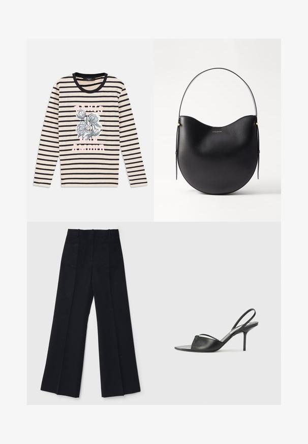Prúžkovaná dlhá rukávová košeľa v béžovej a námornej modrej farbe, zdobená kvetinovou grafikou a textom "PARIS MON AMOUR" v ružovej, s okrúhlym čiernym výstrihom.; Čierne široké nohavice vyrobené z hladkej tkaniny, s vysokým pásom, dvoma zadnými vreckami a jemnými prednými záhybmi pre pridanie tvaru.; Čierne kožené sandále na podpätku s ostrou špičkou, tenkým členkovým remienkom a stiletto podpätkom. Obsahujú uzlový detail na hornej časti.; Čierna kožená taška cez rameno s prehnutým tvarom, tenkým uchom a jemnými zlatými akcentmi. Hladká textúra s minimalistickým dizajnom.