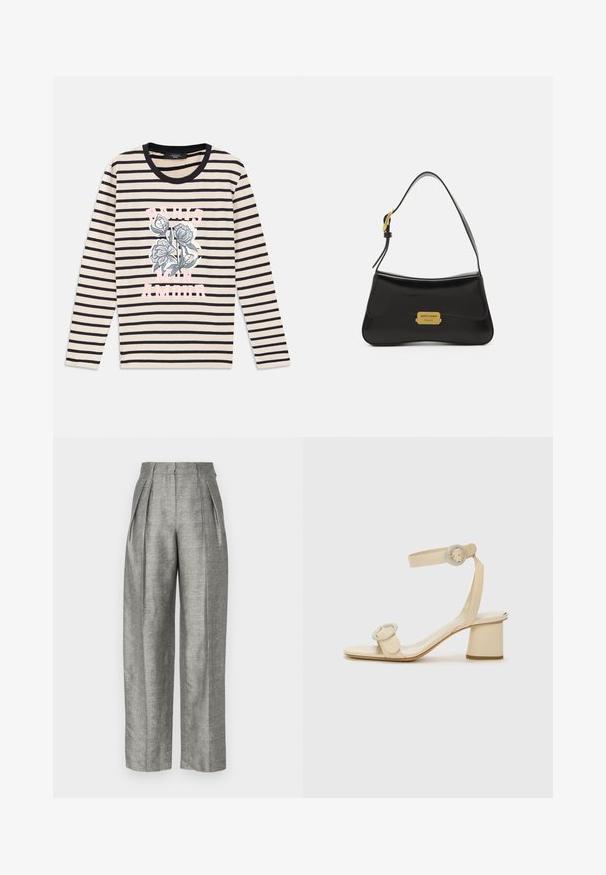 Juostuota ilgo rankovės marškiniai smėlio ir tamsiai mėlynos spalvos, su gėlių grafika ir užrašu "PARIS MON AMOUR" rožine spalva, su apvaliu juodu kaklu.; Pilki aukšto liemens kelnės su klostėmis, pagamintos iš tekstūruotos medžiagos su subtiliu languotu raštu. Plačių kojų dizainas su šoniniais kišenėmis.; Šviesiai rudos spalvos aukštakulniai šlepetės minimalistiniu dizainu, su dviem apvaliais akcentais ir masyviu kulnu. Pagamintos iš lygaus odos.; Juodas odinis rankinė su kreiva forma, auksine logotipo plokšte ir plona petine dirželiu. Lygus paviršius su blizgiu apdailu.