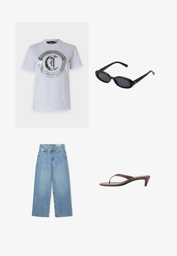 Bela bomba iz bombažnega materiala z metalno srebrnim dizajnom kače, ki obdaja logotip "Just Cavalli". Okrogla izreza in kratke rokave.; Svetlo modri široki kavbojki iz denima, ki imajo visok pas, pet žepov, zapiranje na gumb in subtilno zbledelost za teksturo.; Rjava natikača na peto s tankim trakom in zaobljenim prstom, ki ima majhen zlat poudarek na podplatu.; Črne oversize sončne očala z ovalnimi lečami, gladkim plastičnim okvirjem in zlatenimi detajli na templjih. Temne leče zagotavljajo zaščito pred soncem.; Mehakna rjava torbica v hobo stilu z enim širokim trakom in ukrivljenim odprtjem na vrhu, prikazana na beli podlagi.