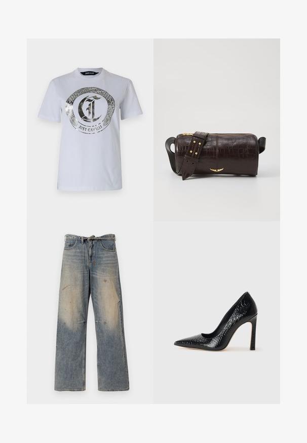 White cotton t-shirt featuring a metallic silver snake design encircling the "Just Cavalli" logo. Crew neck with short sleeves.; Light blue denim jeans with a loose, straight-leg design. Features whiskering, fading, and distressed details near knees. Classic five-pocket style.; Black pointed-toe high heel shoe with a crocodile-skin texture, featuring a sleek design, high stiletto heel, and smooth black interior.; Brown crocodile-embossed leather bag with a cylindrical shape, gold-tone hardware, and a detachable strap featuring studs.