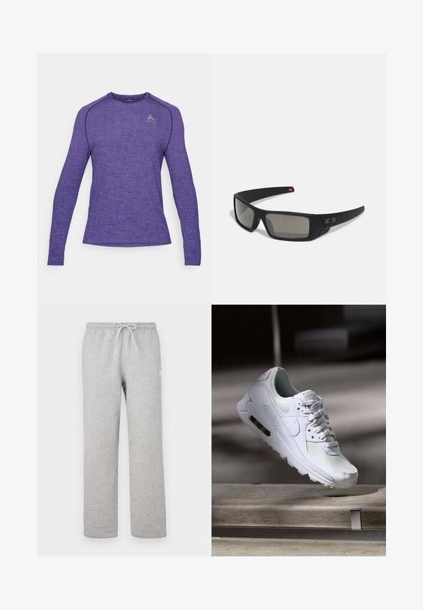 Hosszúujjú, lila sportpóló, texturált mintával, kerek nyakkal és színben harmonizáló logóval a mellkason. Könnyű, légáteresztő anyagból készült.; Szürke szabadidőnadrág rugalmas derékpánttal és húzózsinórral. Puha anyagból készült, egyenes szárú, finom logó részlettel.; Fehér Nike Air Max 90 sneaker, amely hálós és bőr felsőrésszel, perforált orr-résszel és látható légpárnás egységgel rendelkezik a saroknál.; Fekete napszemüveg matt felülettel, téglalap alakú lencsékkel, enyhe ívvel a templomokon, diszkrét logó részlettel és füstszínű lencsékkel.