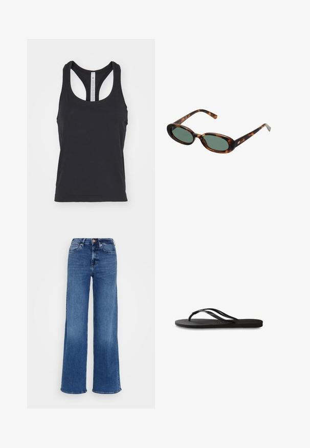 lululemon SWIFTLY TECH RACERBACK TANK - Top - black black; Mid-blue high-waisted denim jeans with wide legs, button and zip closure, and front and back pockets, on plain light gray background.; Black flip-flop featuring a textured rubber sole, two slender straps, and a subtle, embossed logo detail on the strap.; Tortoiseshell sunglasses with oval frames and green lenses. Features thin arms with a metallic accent near the hinges.