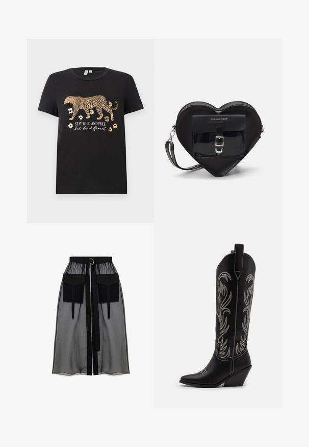 Melna kokvilnas t-kreklā ar leoparda rakstu un zelta akcentiem. Zem tā ir uzraksts "PALIEC MEKLĒ KĀDAS, BET ESI ATŠĶIRĪGS".; Melnā caurspīdīgā svārka ar salikto jostasvietu, kas ietver divas lielas priekšējās kabatas, jostas saitīti un apaļu metāla akcentu.; Melnas ādas kovboju zābakus ar norādītām pirkstiem, sānām paceltu papēdi un sudraba izšūtām ziedu rakstiem gar zābaka kāju. Kontrasta dūrieni visā zābakā.; Melnas sirdshape formas somiņa, izgatavota no lakotas ādas, ar priekšējo kabatu, kurai ir sprādzes aizdare un noņemama siksna. Sudraba krāsas furnitūra.