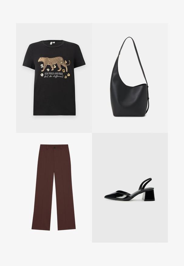 Melna kokvilnas t-kreklā ar leoparda rakstu un zelta akcentiem. Zem tā ir uzraksts "PALIEC MEKLĒ KĀDAS, BET ESI ATŠĶIRĪGS".; Platas kājas bikses bagātā brūnā audumā. Iekļauj pogu aizdari, divas priekšējās kabatas, gludu tekstūru un tīras līnijas.; Melna lakota āda ar atvērto papēdi, ar smailu purngalu un ģeometrisku blokpapēdi. Iezīmējas elegants, minimāls dizains un gluda tekstūra.; Melnas ādas hobo soma ar gludu tekstūru, izliekta forma un vienu regulējamu jostu; augšā ir plaša atvere.