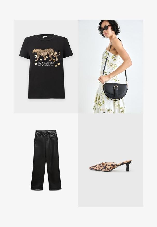 Must rõngast lühikeste varrukatega must t-särk, millel on leopardimuster ja kuldsed aktsendid. Allpool on tekst "OLGE RÄBAL JA VABA, aga olge eriline".; Mustad kunstnahast laiade säärtega püksid esitaskutega, vööaasadega ja õrnalt läikiva pinnaga. Sile tekstuur ja kohandatud sobivus.; Kitsas varvastega mule kingad leopardimustriga pealispinnaga ja madala musta kassi kontsaga heledal taustal.; Mustmust mustraha kõverate joontega, eemaldatava rihmaga ja kuldsete detailidega. Kotil on klapp, millel on pandladetail.