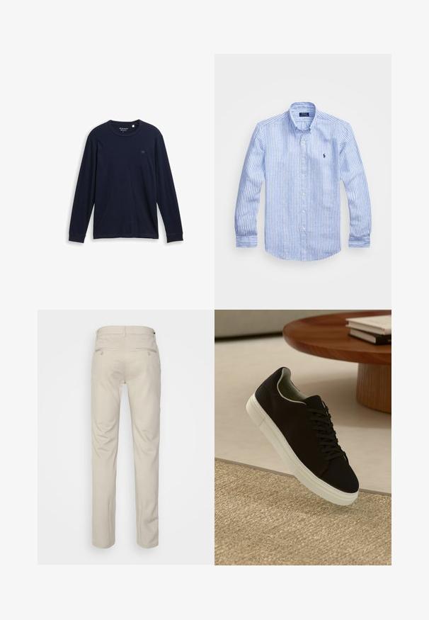 Navy long-sleeve T-shirt made of soft cotton, featuring a round neckline, stitched hems, and a small, embroidered logo on the chest.; Blue and white striped long-sleeve shirt made of cotton, featuring a button-down collar, front buttons, and a small embroidered logo on the chest.; Beige trousers with a smooth texture, straight cut, two back pockets with buttons, and a standard waistband.; Black sneaker with white sole floating above beige textured rug near round wooden table with stacked books.