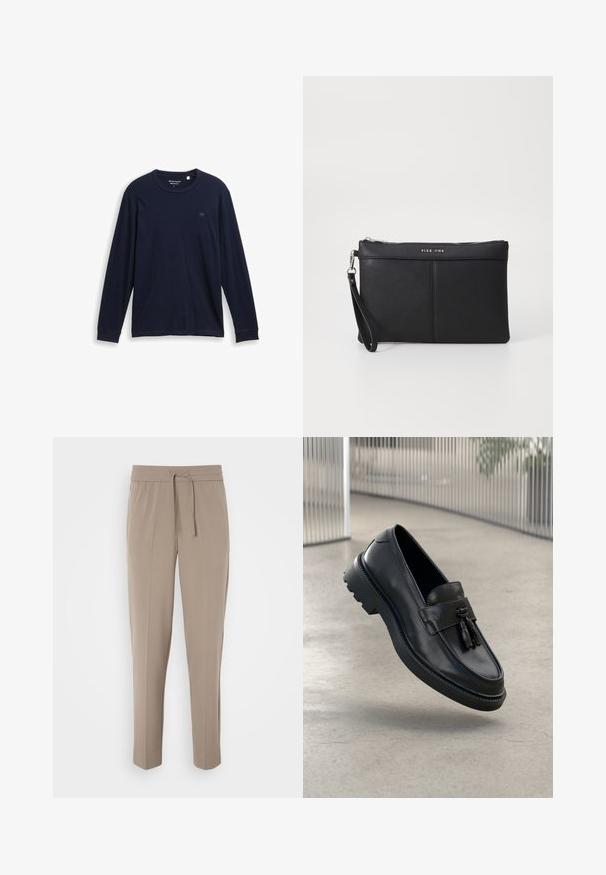 Marineblauwe T-shirt met lange mouwen, gemaakt van zachte katoen, met een ronde halslijn, gestikte zomen en een klein, geborduurd logo op de borst.; Lichtbeige broeken met een elastische tailleband, verstelbare koord en taps toelopende pijpen. De stof lijkt glad met een lichte glans.; Zwarte leren loafers met een gladde afwerking, decoratieve kwast, dikke rubberen zool en gestikte accenten. Lichtgewicht en strak ontwerp.; Zwarte synthetische clutch met een ritssluiting, polsbandje en een gladde textuur. Kenmerkt zich door subtiele stiksels en een op de voorkant geperst logo.