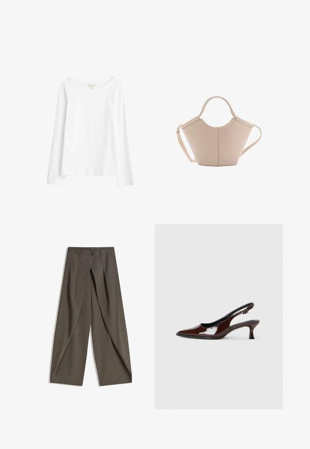 Seasalt Cornwall Top s dlhým rukávom - white salt; Široké nohavice vyrobené z textúrovaného tmavošedého materiálu. Majú predný záhyb, zapínanie na gombík a bočné vrecká pre praktickosť.; Hnedá lakovaná slingback obuv s špicatou špičkou a mierne vysokým opätkom. Obsahuje pracku pre bezpečné upevnenie. Hladká textúra.; Béžová kožená kabelka s unikátnym tvarom, vybavená dvoma krátkymi uchami a jedným dlhým nastaviteľným popruhom. Hladký povrch s minimálnym kovovým príslušenstvom.