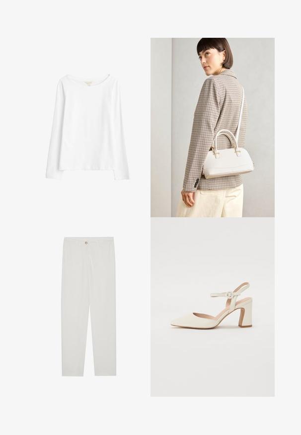 Seasalt Cornwall Bluză cu mânecă lungă - white salt; Pantaloni albi, croiți, cu un design drept al piciorului, având sistem de închidere cu nasture, bucle pentru curea și buzunare laterale; textură de țesătură netedă.; Pantof cu vârful ascuțit, de culoare crem, cu toc pătrat. Dispune de o curea subțire la glezna cu o cataramă rotundă și o textură netedă a pielii.; Geantă structurată albă, cu mânere scurte și curea de umăr, având accente din metal aurit și material texturat, expusă pe un fundal gri.
