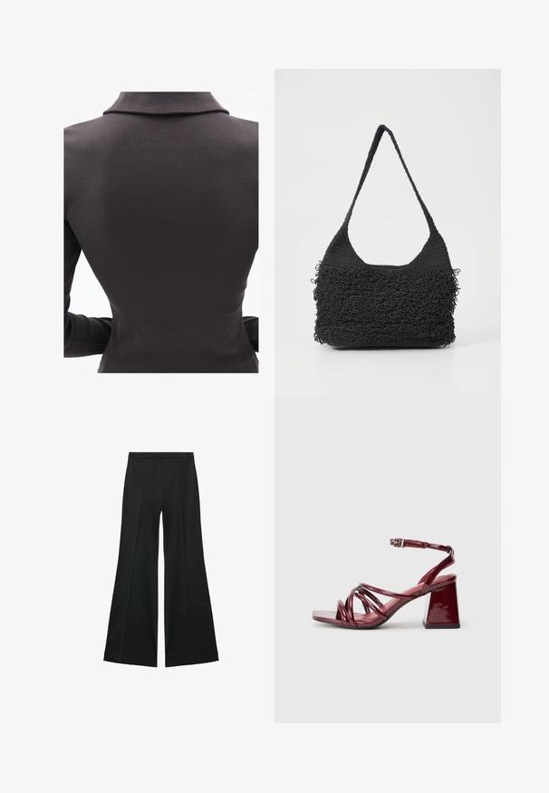 Musta ribbed-kangas toppi kauluksella, joka on muotoiltu tiukasti ja jossa on pitkät hihat, korostaa pystysuoria tekstuur yksityiskohtia.; Mustat leveälahkeiset housut, joissa on sileä pinta, etupuolella laskokset ja muotolaskettu malli. Kangas on kevyttä ja laskeutuvaa.; Patentoitu burgundy-korkokenkä, jossa on neliön muotoinen kärki, useita solmittuja kynttilöitä ja paksu lohkokorko. Säädettävä nilkkaremmi.; Mustakoneulakasta laukku, jossa on teksturoitu aaltomuotoilu, ja jossa on yksi letitetty hihna. Valmistettu pehmeästä ja joustavasta materiaalista. Suorakaiteen muotoinen.
