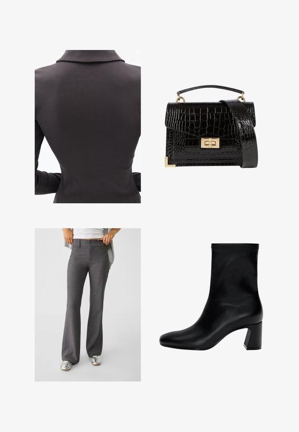 Schwarzes geripptes Oberteil mit Kragen, das eine figurbetonte Passform und langen Ärmeln aufweist und vertikale Texturdetails hervorhebt.; Graue, ausgestellte Hosen aus strukturiertem Stoff, mit einer Zwei-Knopf-Verschluss und Gürtelschlaufen, kombiniert mit glänzenden silbernen Sneakers.; Schwarzer Knöchelstiefel aus glattem Leder. Mit quadrater Zehenpartie, elastischem Schaft und einem stabilen Blockabsatz. Minimalistisches Design.; Schwarz lackierte Handtasche mit Krokodilstruktur, goldfarbenen Hardware, einem oberen Griff und einem abnehmbaren Schulterriemen. Rechteckige Form mit Klappenverschluss.