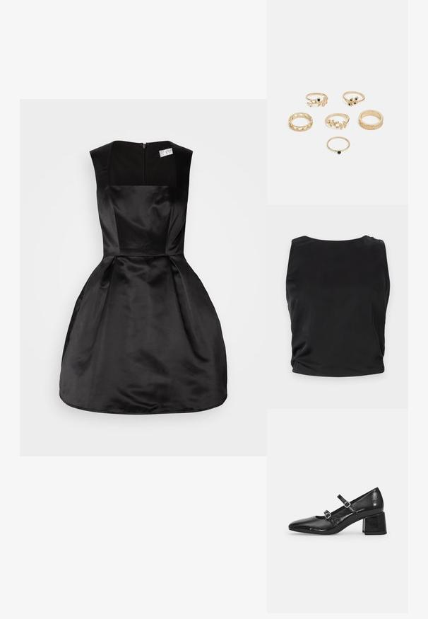 Zwarte mouwloze top met een gladde, glanzende textuur; heeft een ronde halslijn en geplooide zijkantdetails voor een getailleerde silhouette.; Zwarte satijnen jurk met een vierkante halslijn, mouwloos ontwerp, getailleerd lijfje en een uitlopende rok, met een ritssluiting aan de achterzijde.; Zwarte gepatineerde lakleren Mary Jane-schoenen met een spitse neus, twee verstelbare banden en een stevige blokhak. Glad oppervlak en glanzende afwerking.; Set van zes gouden ringen met verschillende ontwerpen: gevlochten, met loofmotieven en massieve banden; sommige met groene edelsteentjes.