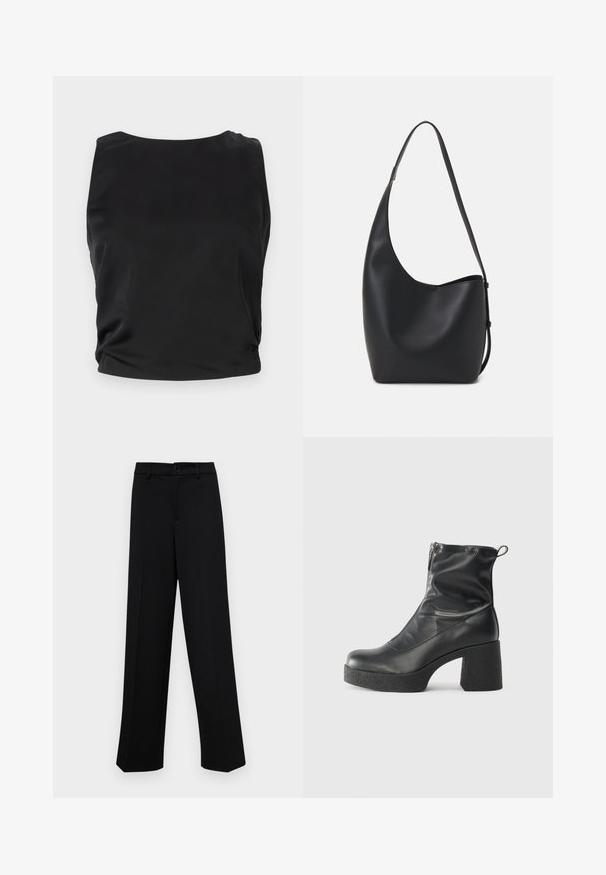 Schwarzes ärmelloses Top mit einer glatten, glänzenden Textur; verfügt über einen runden Ausschnitt und geraffte Seitendetails für eine taillierte Silhouette.; Schwarze, weit geschnittene Hosen aus glattem Stoff, mit einem klassischen Taillenbund und einem Knopfverschluss sowie vorderen Falten.; Schwarze Stiefeletten aus glattem Leder mit seitlichem Reißverschluss, klobigem strukturiertem Absatz und runder Zehenform.; Schwarze Leder-Hobo-Tasche mit einer glatten Textur, geschwungener Form und einem einzelnen verstellbaren Tragegurt; verfügt über eine weite Öffnung am oberen Ende.