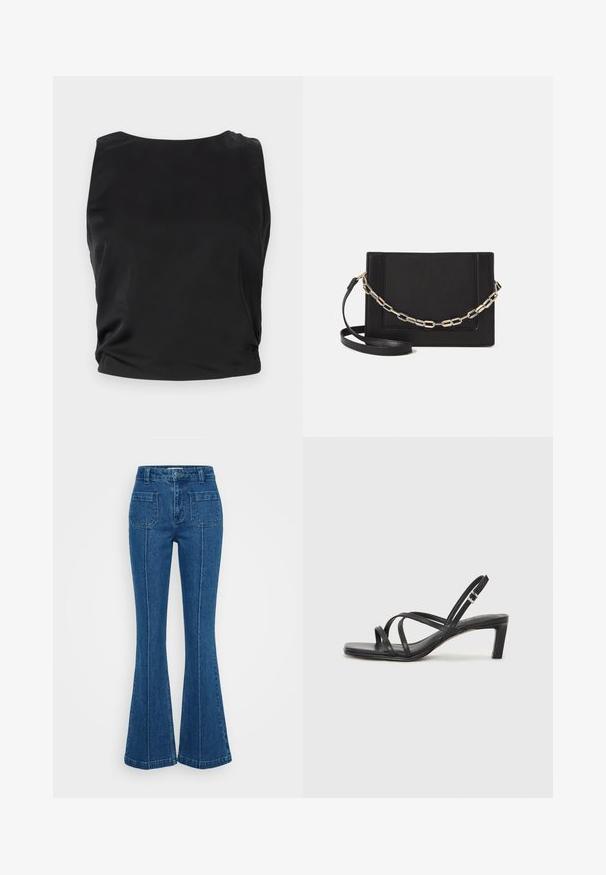 Black sleeveless top with a smooth, glossy texture; features a rounded neckline and gathered side detailing for a fitted silhouette.; Blue flared jeans made of denim, featuring a high waist, two back pockets, and pronounced stitching along the side seams.; Black strappy sandal with a square toe and a low block heel. Features multiple thin straps and an adjustable ankle strap. Made of smooth leather.; Black leather crossbody bag featuring a smooth texture, rectangular shape, and a metallic chain detail on the front. Adjustable strap included.