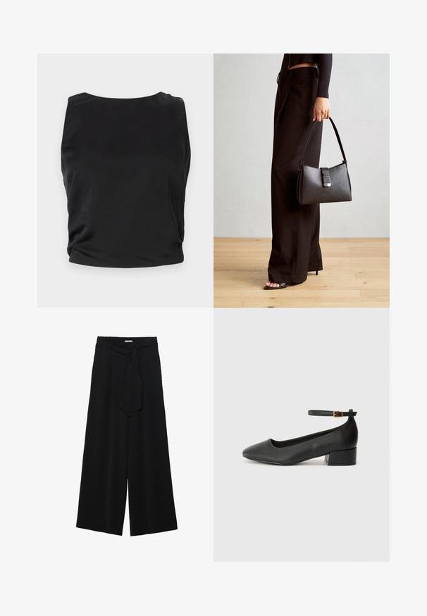 Czarny bezrękawnik o gładkiej, błyszczącej fakturze; ma okrągły dekolt i marszczenia po bokach, które podkreślają dopasowaną sylwetkę.; Czarne spodnie szerokie z teksturowanej tkaniny, z elastycznym paskiem w talii i odpinanym paskiem w talii dla regulowanego dopasowania.; Czarne skórzane szpilki z ostrym noskiem i niskim słupkowym obcasem. Wyposażone w pasek na kostkę z złotym zapięciem. Gładka tekstura.; Czarna torebka o usztywnionym kształcie, gładkiej fakturze i metalowym zapięciem. Połączona z szerokimi czarnymi spodniami i sandałami na otwartym palcu na drewnianej podłodze.
