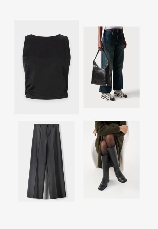 Crna majica bez rukava s glatkom, sjajnom teksturom; ima okrugli izrez i nabran detalj sa strane za prilagođeni siluetu.; Hlače širokih nogavica od tamnosive tkanine, s kopčanjem na gumb, prednjim plisiranjima i petljama za remen. Glatka tekstura s krojem.; Čizme od crne kože do koljena sa četvrtastim vrhom i blok petom, prikazane s manekenkom koja sjedi u maslinasto zelenom kaputu. Glatka tekstura, minimalni detalji.; Crna kožna torba za rame s glatkom teksturom i podešivim remenom, u kombinaciji s izblijedjelim širokim trapericama i sportskim tenisicama.