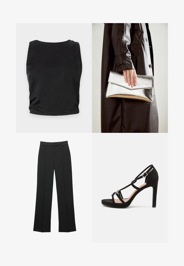 Top senza maniche nero con una texture liscia e lucida; presenta un collo rotondo e dettagli arricciati ai lati per una silhouette aderente.; Pantaloni neri a vita alta, di taglio ampio, con passanti per cintura e dettaglio della cucitura frontale, presentati su uno sfondo bianco.; Sandalo con tacco alto in suede nero, dotato di fasce incrociate, un accentuazione decorativa in tono argento e una suola a piattaforma per aumentare l'altezza.; Clutch metallico argento con un design a busta angolare, texture liscia e colore interno a contrasto, tenuto in mano da una persona che indossa un cappotto nero.