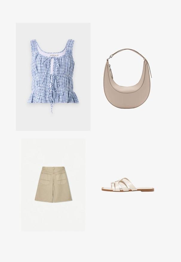 Modra in bela karirana skrajšana majica iz lahkega materiala. Ima okrogel izrez, prilagodljivo vezanje in gube.; Bež šortsi s prostornim krojem, izdelani iz denima. Imajo dva zadnja žepka in kontrastne oranžne šive. Rob se konča pod kolenom.; Ravne sandale s svetlo rjavim gumijastim podplatom, zasnovane s tremi prekrivajočimi se belimi usnjenimi trakovi in majhnim lokom na sredini.; Bež usnjena torba za rame v obliki kružnice, z gladko teksturo in eno ukrivljeno zanko. Ima zadrgo in urejen šiv.